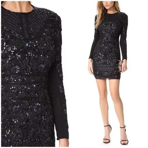 Needle & Thread Long Sleeve Lace Sequin Embellished Mini Dress Black Midnight 0